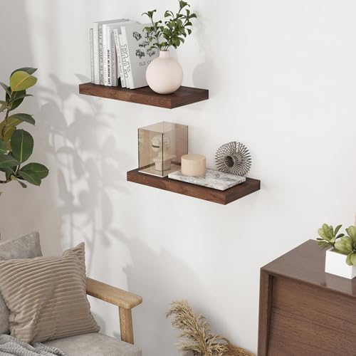 Fun Memories 16 Inch Long Floating Shelves, 9.3 Inch Deep Floating Shelf for Wall, Living Room, Kitchen, Rustic Deep Wood Shelves for Bathroom, 2 Pack Storage Display Shelf for Books, Decor, Walnut - Image 2