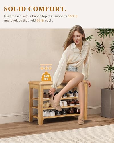 IUNVR Shoe Rack Bench Seat Rubberwood 3-Tier Wooden Storage Bench 550lbs Compact Mid-Century Modern Design for Entryway, Hallway, Closet, Front Door Entrance, Foyer - Image 4