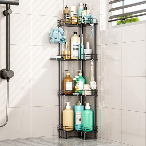 HapiRm Corner Shower Caddy Organizer - 4 Tier Shower Shelf Corner with Soap Holder, Rustproof Bathroom Standing Organizer with 4 Hooks, Black by HapiRm