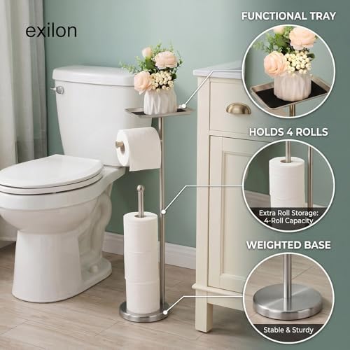 Exilon Toilet Paper Holder Stand for Bathroom Floor Freestanding Toilet Roll Dispenser Storages 4 Reserve Rolls, with Top Storage Shelf for Cell Phone (Brushed Nickel) - Image 2