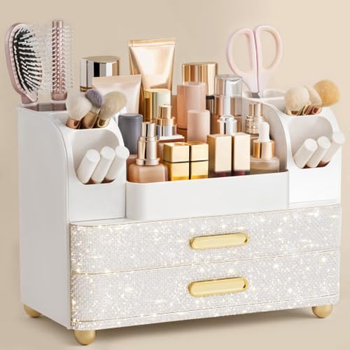 HBlife Makeup Organizer for Vanity with Brush Holder, Large Bathroom Countertop Cosmetic Organizer Skin Care Storage, Easy to Store Nail Polishes, Perfumes, Eyeshadow Palettes, Pearl All White by HBlife