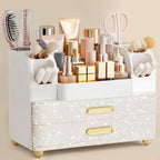 HBlife Makeup Organizer for Vanity with Brush Holder, Large Bathroom Countertop Cosmetic Organizer Skin Care Storage, Easy to Store Nail Polishes, Perfumes, Eyeshadow Palettes, Pearl All White by HBlife