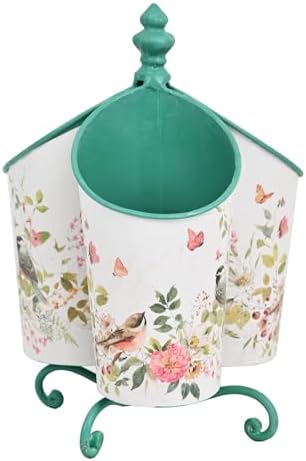 360° Rotating Metal Pen Holder for Desk, Cute Floral Bird Desktop Organizer with Dome Roof, Pencil Cup & Remote Control Holder for Home Office (Green) - Image 6
