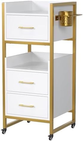 OmySalon Salon Trolley Cart, Hair Styling Station with 3 Drawers, 2 Open Shelf & Tool Holders, Mobile Barber Storage Cabinet Utility Trolley for Beauty Salon Spa,White by OmySalon