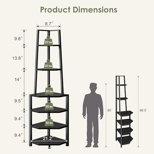 VECELO 6 Tier Corner Shelf 69 Inch Industrial Bookshelf with Metal Frame, Multipurpose Tall Plant Stand with Opening Display Shelves for Living Room, Bedroom, Home Office, Small Space, Black - Image 2
