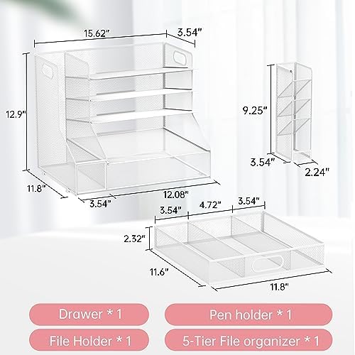 Desk Organizer with 5 Tier File Holder and Sliding Drawer Pen Holder White - Image 7
