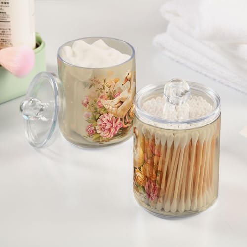 Fustylead 4 Pack Vintage Duck Bird and Beautiful Flower Plastic Apothecary Jar Set for Cotton Swab, Ball, Pad, Floss, Qtip Holder Dispensers for Bathroom Storage Organizer - Image 4