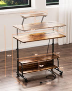 Height Adjustable Standing Desk with Power Outlets and LED Lights - 32" Manual Stand Up Desk with Monitor Stand and Storage Shelves Small Mobile Rolling Computer Desk Portable Laptop Table, Rustic - Image 3