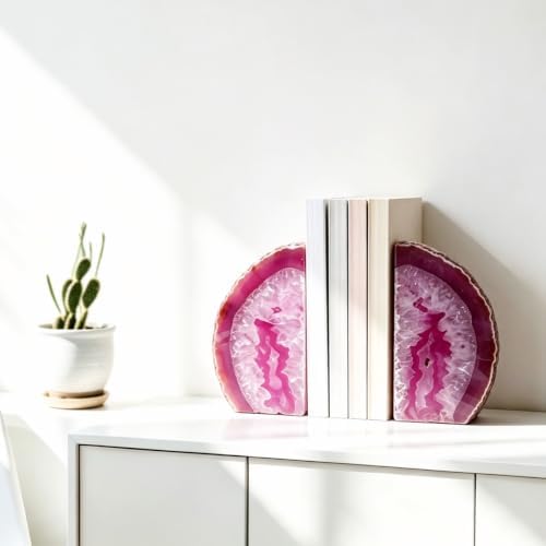Agate Bookends Pair - Natural Geode Style, Dyed Pink 3-4 lbs Heavy Duty with Rubber Bumpers | Non-Slip Crystal Bookends for Heavy Books | Unique Home Decor - Image 6