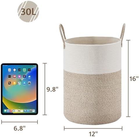 VIPOSCO 30L Small Woven Laundry Basket Hamper, White Brown - Image 5