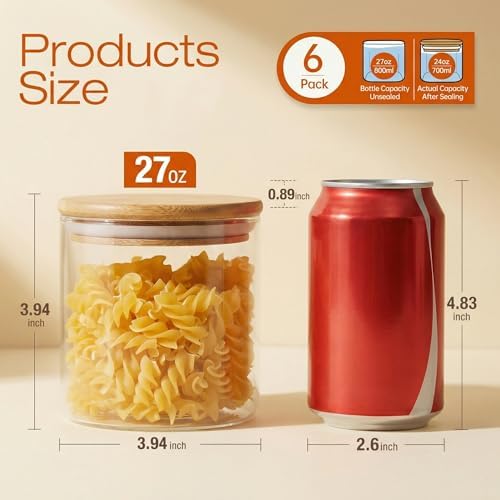 27 oz Glass Jars with Bamboo Lids, Airtight Food Storage Containers, 6 Pack - Image 3