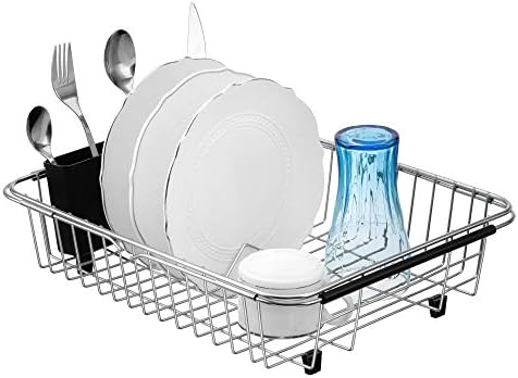 SANNO Expandable Dish Drying Rack Over the Sink Dish Drainer Dish Rack in Sink or On Counter with Utensil Silverware Storage Holder, Rustproof Stainless Steel - Image 5
