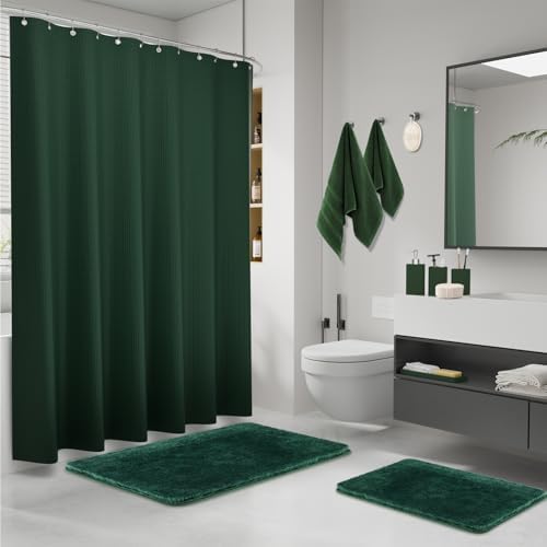 Green Bathroom Set, Dark Green Bathroom Accessories Set with Shower Curtain and Rugs, Bath Towel Sets, Natural Loofah Sponge, Soap Dispenser, Toothbrush Holder, Bathroom Tumbler and Tray for Bathroom - Image 2