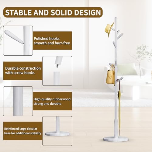 Solid Wood Round Base Coat Rack, Free Standing Hall Coat Tree with 8 Hooks（+2 spare for Coats, Hats, Bags, Purses, for Entryway, Hallway, Rubberwood Hooks,Base and Pole(Round Base,White) - Image 3