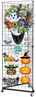 Triangular Gridwall Panel Display Stand, 3-Sided Grid Tower with Base and Casters, 2'x5.5' Floorstanding Wire Grid Rack, Black by PVNIEFC