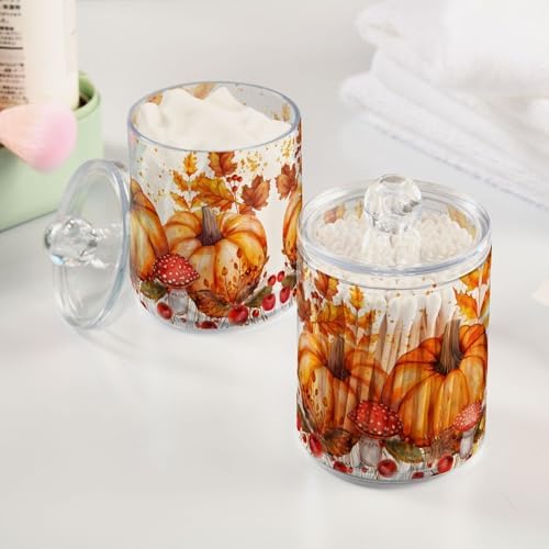 MNSRUU 4 Pack Qtip Holder Organizer Dispenser Autumn Pumpkin Bathroom Storage Canister Cotton Ball Holder Bathroom Containers for Cotton Swabs/Pads/Floss - Image 2