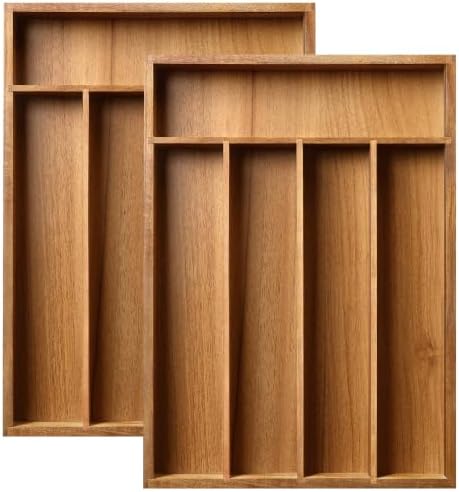 Greenual Acacia Wood Silverware Organizer 10 In Utensil Organizer Silverware Tray for Drawer Cutlery Flatware Organizer for Kitchen 2 Pack by Greenual