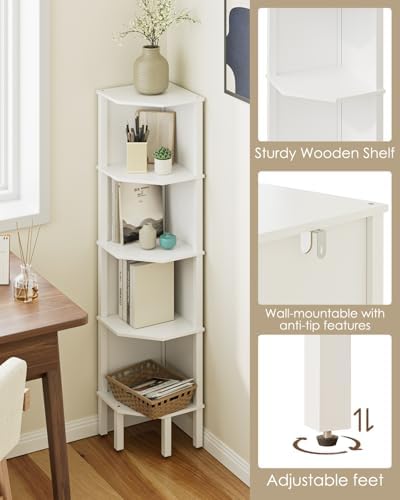 Corner Shelf, 5 Tier Corner Bookshelf, Display Corner Shelf Stand with Storage Rack, Wall Corner Bookshelf for Living Room, Bedroom, Office, White - Image 5