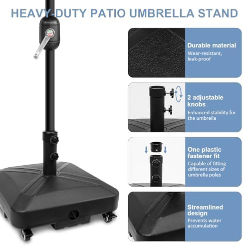 Patio Umbrella Base Heavy Duty with Wheels Square Market Stand for Outdoor 4 Locks 2 Knobs 125lb Capacity, Black - Image 5