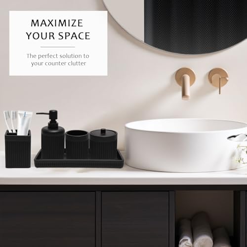 XLHOMO Matte Black Bathroom Sets with Shower Curtain and Rugs, 8-Piece Resin Bathroom Accessories Sets Complete, Soap Dispenser, Toothbrush Holder, Tumbler, Tray & Apothecary Jars Bathroom Essentials - Image 5