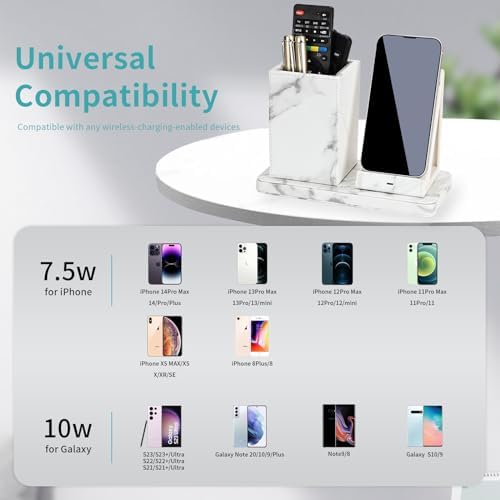 Wireless Charger with Desk Organizer, Wireless Charging Station for iPhone 13/13 Pro Max/13 Pro/12 Series/11/XS Max/XR/X/8Plus/SE 2, Wireless Charging Stand with Leather… (Marble) - Image 3