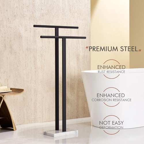 KOKOSIRI Free Standing Towel Racks Matte Black 2-Tier Towel Holder for Bathroom Floor Stand with Heavy Marble Base Thicken Steady Design Stainless Steel THS0005-BK - Image 6