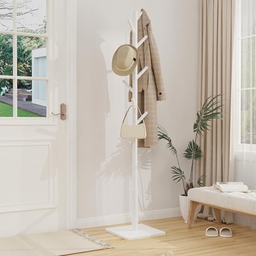 Wooden Coat Rack Freestanding with Stable Square Base,White - Image 2