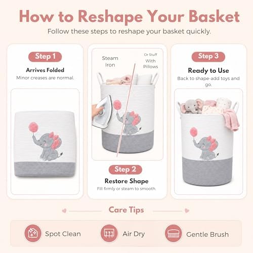 Elephant Baby Laundry Basket for Girl Nursery, Pink Rope Hamper, 20x15 in - Image 7