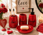 Red Ceramic Bathroom Accessories Set, 4 Piece Farmhouse Bathroom Decor, Soap Dispenser, Toothbrush Holder, Tumbler & Soap Dish, Live Love Laugh Faith Bathroom Countertop Set - Image 4