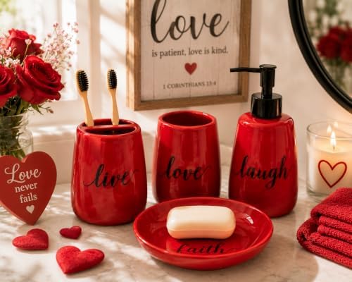Red Ceramic Bathroom Accessories Set, 4 Piece Farmhouse Bathroom Decor, Soap Dispenser, Toothbrush Holder, Tumbler & Soap Dish, Live Love Laugh Faith Bathroom Countertop Set - Image 4