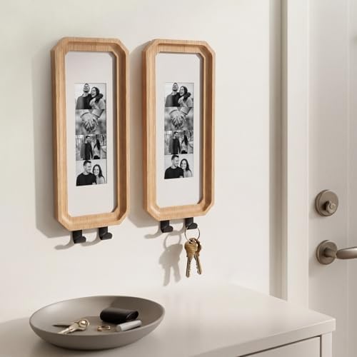 Marsui 2 Set Solid Oak Photobooth Strip Frame with Key Hooks, Wood Color Wall-mounted Photo Frame Fits 2'' x 6'' Photo Strips, for Home Wall Wedding Graduation Decor - Image 6