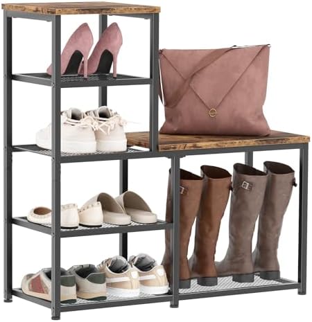 Shoe Rack Bench for Entryway,Free Standing Shoe Storage Organizer for Front Door Entrance,4-Tier Boot Rack Holder Shelf for Closet with Seat,Sturdy Shoe Shelves for High Heels(Brown) by Katrawu