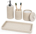 Beige Bathroom Accessories Set 4 Pcs - Toothbrush Holder,Lotion Soap Dispenser,Qtip Holder Dispenser,Vanity Tray for Countertop Vanity Organizer,Bathroom Accessory Set by LeucSuiok