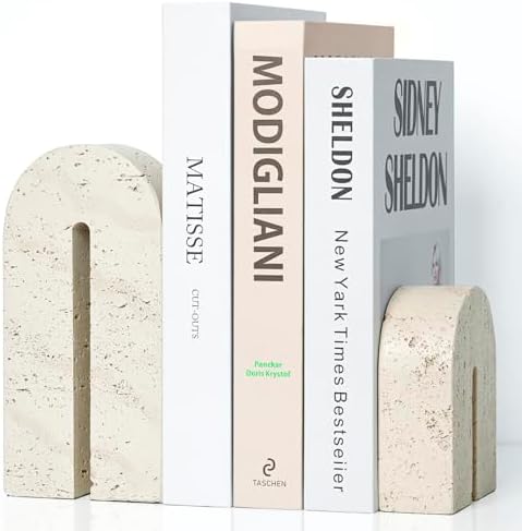BOHDK Book Ends for Shelves, Resin Heavy Duty Decorative Bookends, Retro Arch Book Holder for Heavy Books, Imitation Travertine Book Stopper for Home Decor, Study, Bookshelf, Desktop, Set of Two by BOHDK