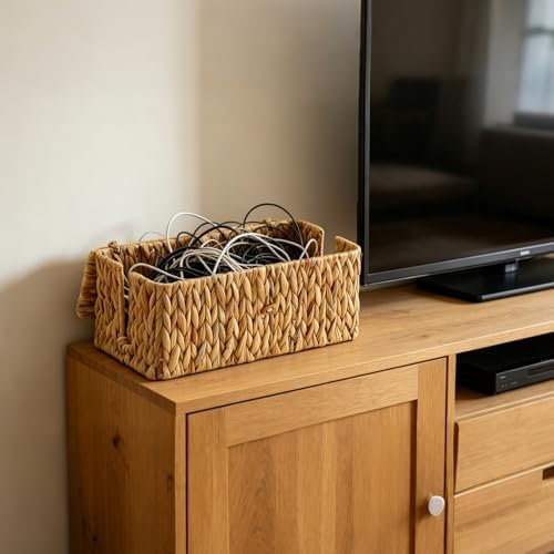 2 Pack Hand-Woven Cable Management Boxes, Natural Woven Cord Organizer with Lid, 2 Open Slots Cable Storage Basket to Hide Power Strip and Charger for Home Office and Dorm,Decorative Wicker Baskets - Image 7