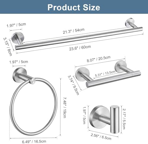Brushed Nickel Bathroom Hardware Accessories Set, 5 Pieces Round Towel Bar Set Toilet Paper Holder Towel Rail Set for Bathroom Stainless Steel Wall Mounted Bathroom Set,23.6 in - Image 6