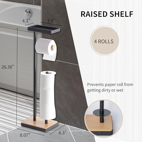 Clasin Home Toilet Paper Holder Stand, Free Standing Toilet Paper Holder with Storage and Top Shelf, Black Toilet Paper Stand Weighted Base with Bamboo Design for Bathroom - Image 5