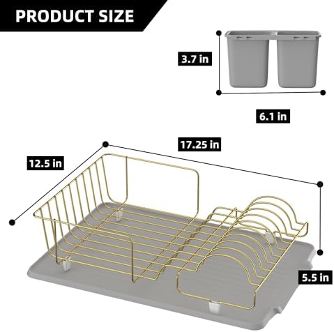 Buruis Dish Drying Rack for Kitchen Countertop, Large Capacity Gold Stainless Steel Dish Drainer with Anti-Slip Rubber Feet, Removable Drain Board and Utensil Holder (Gray Tray) - Image 2