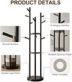 Muwuele Solid Wood Rotary Coat Rack, Freestanding Coat Rack with 3 Shelves and 9 Hooks, Coat tree for Bedroom, Entryway, Livingroom, Coat Hanger Stand for Coats, Scarves, Handbags (Black) - Image 5