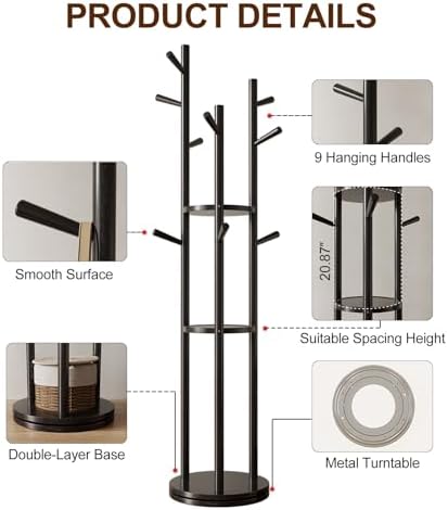 Muwuele Solid Wood Rotary Coat Rack, Freestanding Coat Rack with 3 Shelves and 9 Hooks, Coat tree for Bedroom, Entryway, Livingroom, Coat Hanger Stand for Coats, Scarves, Handbags (Black) - Image 5