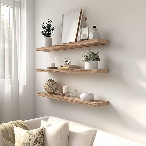 YYWUOJJ Wood Floating Shelves for Wall, Rustic Wall Shelves for Bedroom, Wall Mounted Floating Shelf, Set of 4 Light Walnut 36 Inch - Image 4