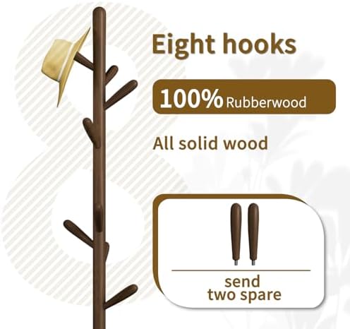 Solid Wood Round Base Coat Rack, Free Standing Hall Coat Tree with 8 Hooks（+2 spare) for Coats, Hats, Bags, Purses, for Entryway, Hallway, Rubberwood Hooks,Base and Pole(Round Base,Dark Walnut) - Image 2
