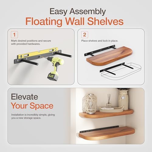BATODA 17" Acacia Wood Floating Shelves Wall Mounted (Round Edge) – Rustic Farmhouse Wooden Wall Storage Shelf for Bedroom, Kitchen - Brackets and Shelving Hardware Included (Acacia Color) - Image 5