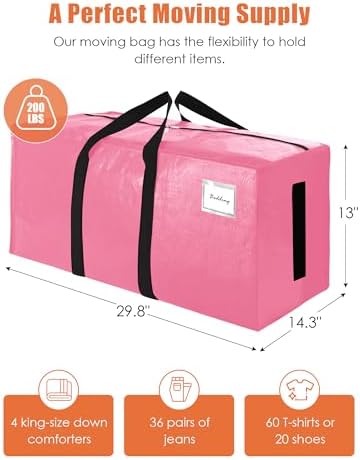 SWEET DOLPHIN 12 Pack 200LB Heavy-Duty Moving Bags with Wrap-Around Handles, Extra Large Storage Totes for Space Saving, Clothes Storage Bags, College Dorm Essentials, Pink, 24 Gal - Image 4