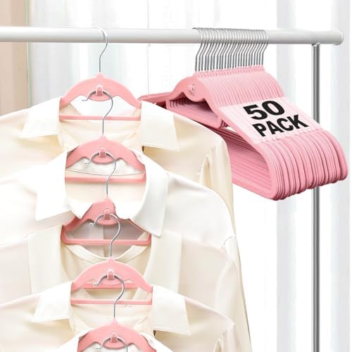 Velvet Felt Stackable Hangers 50 Pack, Thin & Space Saving, Pink by UEAKPIC
