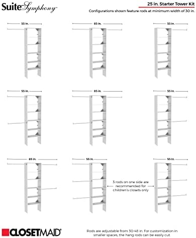 ClosetMaid SuiteSymphony Wood Closet Organizer System, 25-Inch Starter Kit with Tower and 3 Hang Rods and Shelving, Adjustable Shelves, Customizable Insert, Reach-in or Walk-in Closets, Pure White - Image 5