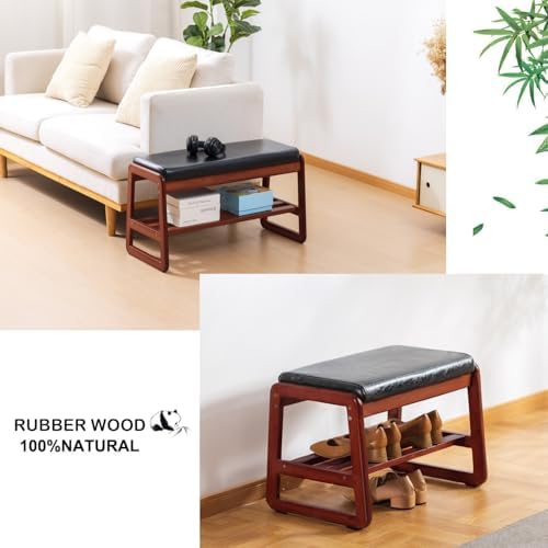 latifolia Solid Wood Bench, Entryway Shoe Bench with Cushion, 2 Tier Shoe Storage Organizer for Hallway, Living Room(Black,21.65''L) - Image 6