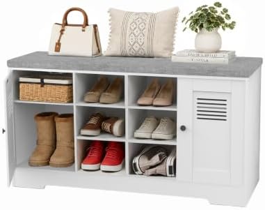 39.3" Shoe Storage Bench with Cushion, 6 Open Cubbies, 2 Cabinet by Unknown