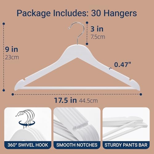Amber Home 30 Pack White Wooden Coat Hangers, Wood Suit Hangers - Image 2
