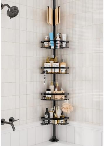 cutefafa Rustproof Corner Shower Caddy Freestanding Tension Pole, 4 Large Baskets for Bathtub Shampoo Storage Organizer Bathroom Height Adjustable Shelves from 23.6 to 114.5 Inch with Towel Bar by cutefafa